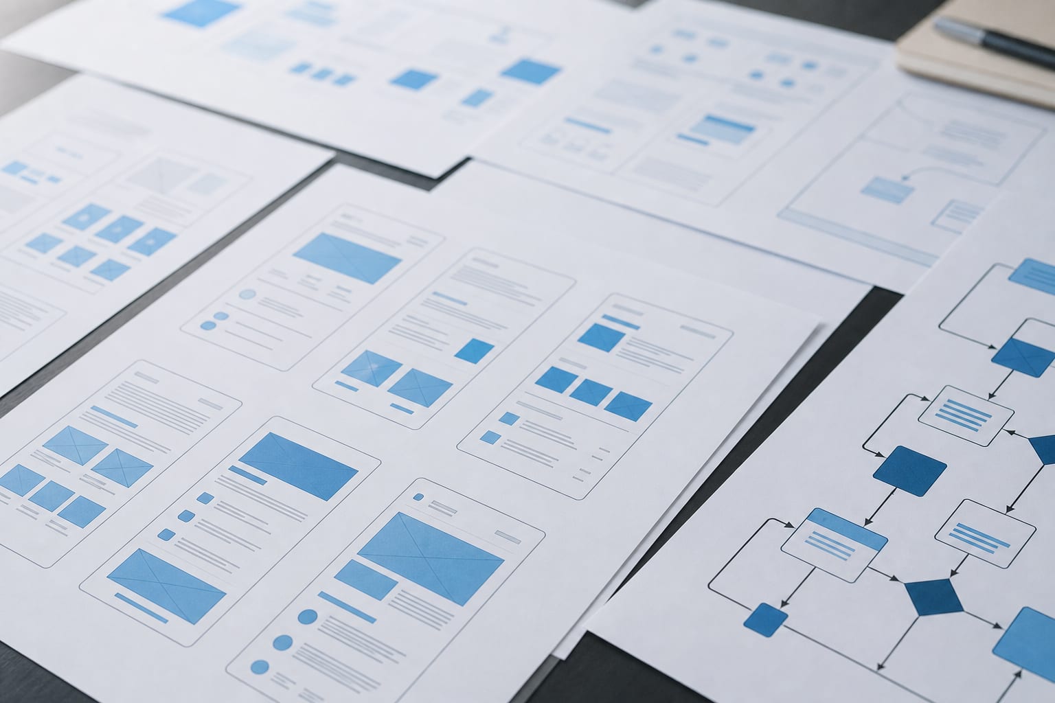 Wireframes de arquitectura de información con páginas, secciones y navegación